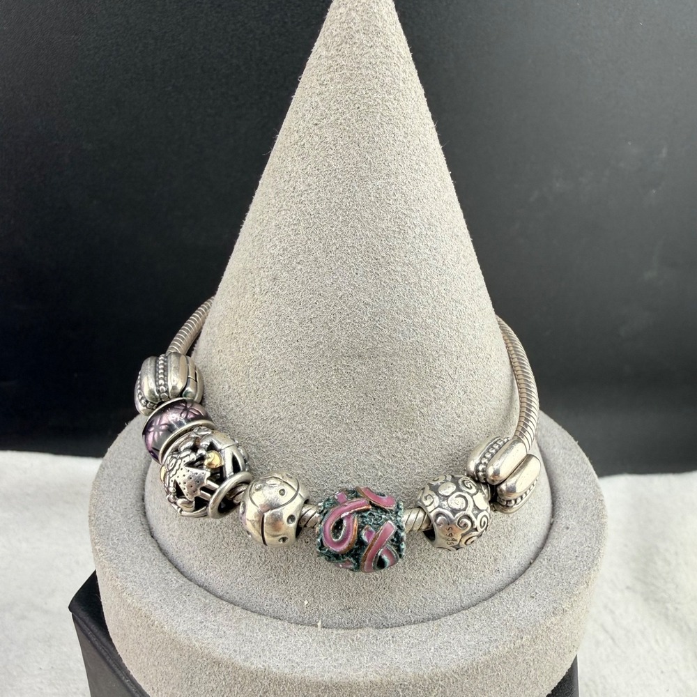 Vintage Pandora Sterling‎ Silver Charm Bracelet Football Insect Flower Cancer 7"